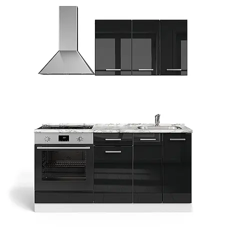 Vicco  Singleküche R-Line Schwarz Hochglanz/Weiß mit Herdumbauschrank ohne Arbeitsplatte