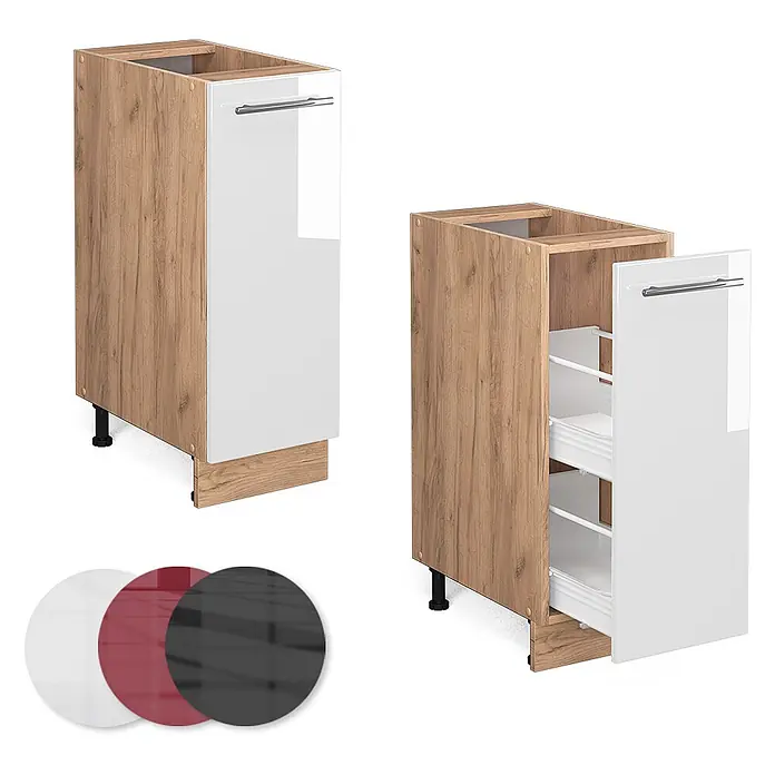 Vicco Schrankküche Fame-Line Weiß Hochglanz ohne Arbeitsplatte - Weiß Hochglanz, Apothekerunterschrank 30 cm - Schmaler Küchenunterschrank in heller Holzoptik, weiße Hochglanz-Auszugsfront mit Drahtkörben.