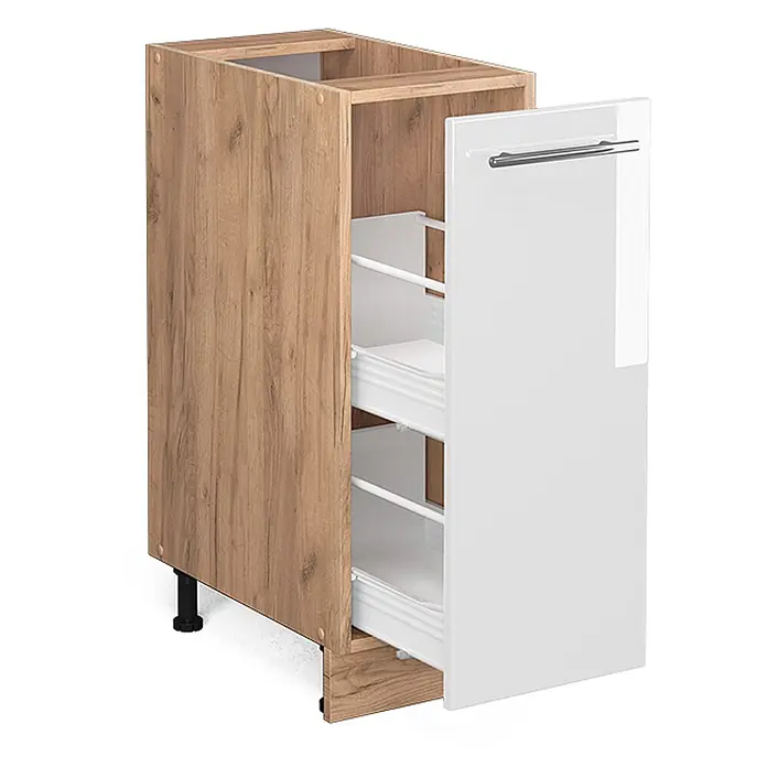 Vicco Schrankküche Fame-Line Weiß Hochglanz ohne Arbeitsplatte - Weiß Hochglanz, Apothekerunterschrank 30 cm - Küchenunterschrank in Holzoptik mit weißem Hochglanz-Auszug, Metallgriff, internen weißen Ablagen mit Stangen und schwarzen Füßen.