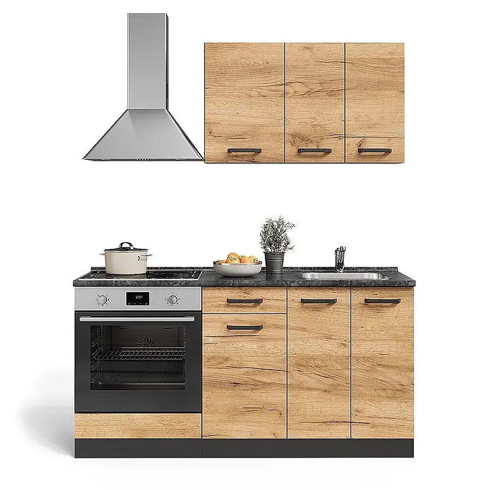 Vicco Singleküche R-Line Goldkraft Eiche mit Herdumbauschrank und Spüle ohne AP - Breite: 160 cm, Goldkraft Eiche, ohne AP, mit Spüle - Kompakte Küchenzeile mit Holzoptik-Schränken, Edelstahlgeräten und dunkler Arbeitsplatte.