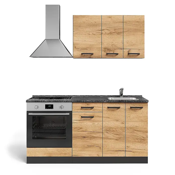 Vicco Singleküche R-Line Goldkraft Eiche mit Herdumbauschrank und Spüle ohne AP - Breite: 160 cm, Goldkraft Eiche, ohne AP, mit Spüle - Holzoptik-Küchenzeile mit schwarzer Arbeitsplatte, Edelstahl-Backofen, Kochfeld, Spüle und passender Dunstabzugshaube.