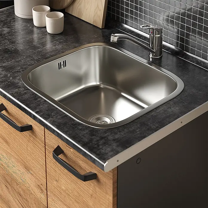 Vicco Singleküche R-Line Goldkraft Eiche mit Herdumbauschrank und Spüle ohne AP - Breite: 160 cm, Goldkraft Eiche, ohne AP, mit Spüle - Edelstahl-Küchenspüle mit Chromarmatur, in dunkler Arbeitsplatte, Holzunterschränke.