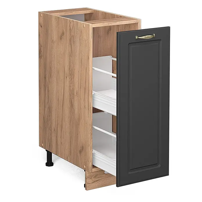 Vicco Schrankküche Fame-Line Anthrazit-Gold ohne Arbeitsplatte - Anthrazit-Gold, Apothekerunterschrank 30 cm - Sockelschrank in Eichenoptik mit dunkelgrauer Tür, zwei weißen Auszugskörben. Tür ist leicht geöffnet.