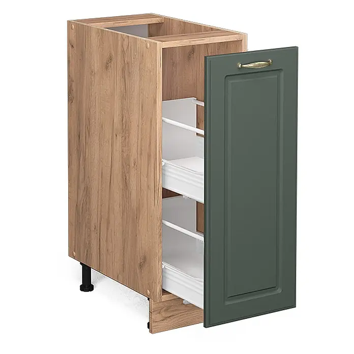 Vicco Schrankküche Fame-Line Grün-Gold Landhaus, AP Marmor - Grün-Gold Landhaus, Apothekerunterschrank 30 cm, AP Marmor - Küchenunterschrank in Holzoptik mit dunkelgrüner Ausziehtür und zwei Innenauszügen.
