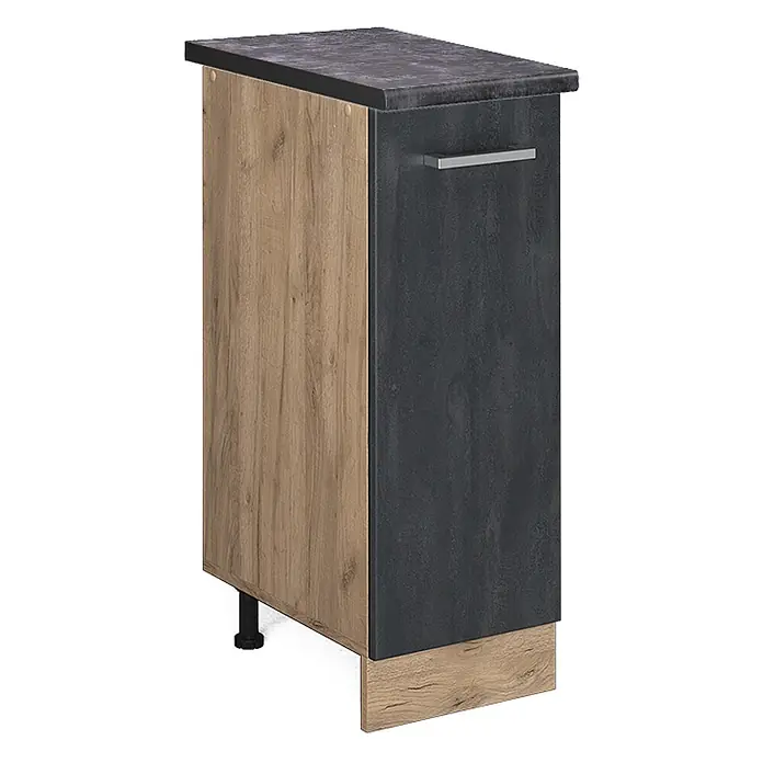 Vicco Schrankküche R-Line Schwarz Beton AP Anthrazit - Schwarz Beton, Apothekerunterschrank 30 cm, AP Anthrazit - Küchenunterschrank mit dunkelgrauer Arbeitsplatte & Tür, heller Holzoptik-Seitenwand & Sockel, silberner Griff.