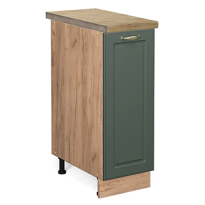 Vicco Schrankküche Fame-Line Grün-Gold Landhaus, AP Eiche - Grün-Gold Landhaus, Apothekerunterschrank 30 cm, AP Eiche - Schmaler Küchenunterschrank mit heller Holzplatte und -seitenwand, dunkelgrüner Tür mit Messinggriff und passendem Holzsockel.