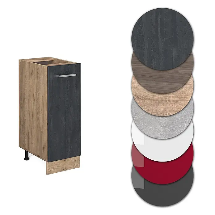 Vicco Schrankküche R-Line Schwarz Beton AP Anthrazit - Schwarz Beton, Apothekerunterschrank 30 cm, AP Anthrazit - Küchenunterschrank mit Holzoptik-Korpus und dunkelgrauer Steineffekt-Front. Musterstapel zeigt Oberflächenoptionen: Holz, Stein, Weiß, Rot, Dunkelgrau.