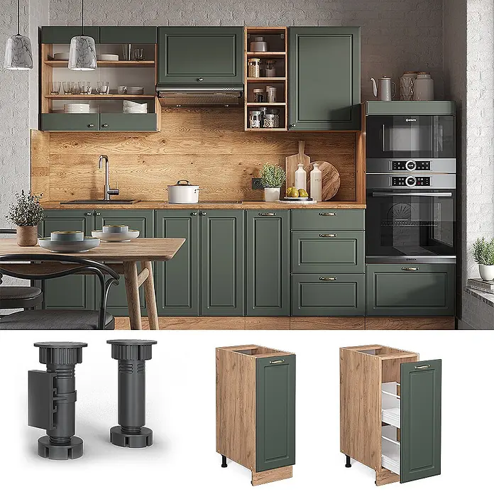 Vicco Schrankküche Fame-Line Grün-Gold Landhaus, AP Marmor - Grün-Gold Landhaus, Apothekerunterschrank 30 cm, AP Marmor - Dunkelgrüne Küchenschränke mit Holzdekor-Korpus und verstellbaren Füßen, inklusive Auszugsschrank, in einer modernen Küche gezeigt.