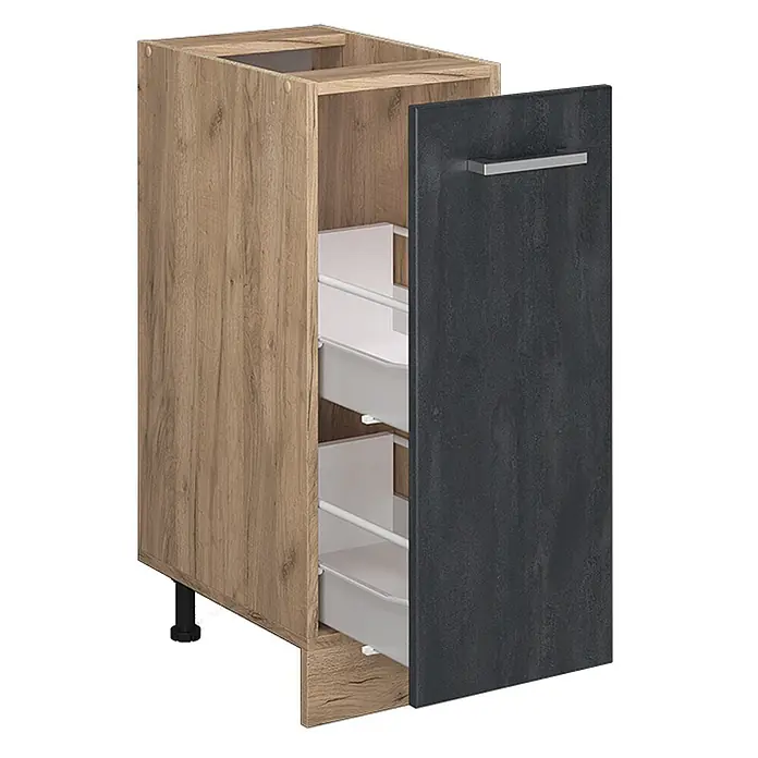 Vicco Schrankküche R-Line Schwarz Beton AP Anthrazit - Schwarz Beton, Apothekerunterschrank 30 cm, AP Anthrazit - Küchenunterschrank in Holzoptik mit dunkelgrauer Tür, Metallgriff und drei weißen Auszugskörben.