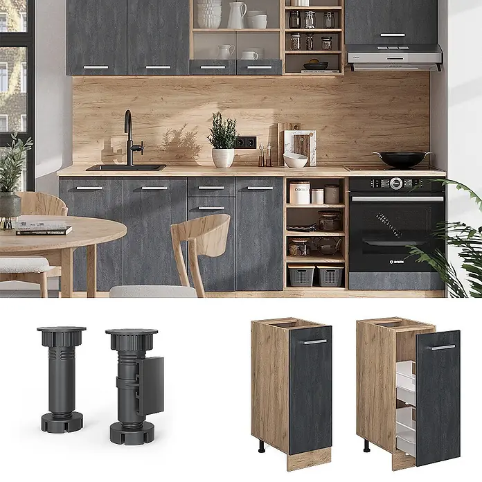 Vicco Schrankküche R-Line Schwarz Beton AP Anthrazit - Schwarz Beton, Apothekerunterschrank 30 cm, AP Anthrazit - Modulare dunkelgraue und hellholzfarbene Küchenunterschrankeinheit, gezeigt mit verstellbaren schwarzen Beinen und in einer modernen Küche.