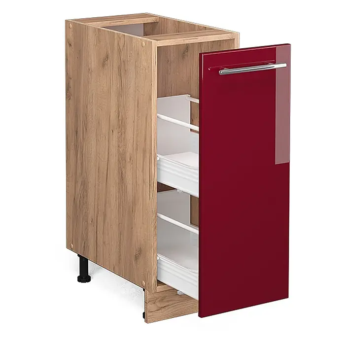 Vicco Schrankküche Fame-Line Bordeaux Hochglanz ohne Arbeitsplatte - Bordeaux Hochglanz, Apothekerunterschrank 30 cm - Schmaler Küchenunterschrank in Holzoptik mit glänzend roter Tür, silbernem Griff und zwei internen Auszugskörben.
