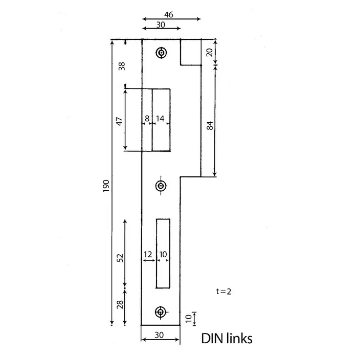 Stabilit Lappenschließblech - DIN-L, L x B: 220 x 48 mm, Hauseingangstür - Technische Zeichnung einer DIN-Verriegelungsfalle mit detaillierten Maßangaben für Konstruktion und Fertigung.