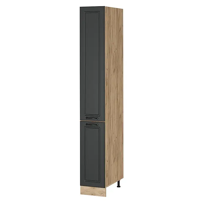 Vicco Schrankküche R-Line Anthrazit Landhaus - Breite: 30 cm, Anthrazit Landhaus, Apothekerhochschrank 30 cm - Hoher Küchenschrank mit dunkelgrauen Kassettentüren, schwarzen Griffen und heller Holzoptik an Seite und Sockel.