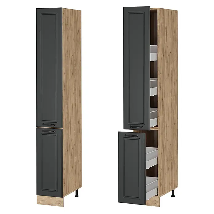 Vicco Schrankküche R-Line Anthrazit Landhaus - Breite: 30 cm, Anthrazit Landhaus, Apothekerhochschrank 30 cm - Zweifarbige Vorratsschränke: dunkelgraue Türen mit heller Holzmaserung, einer offen mit Auszügen, schwarzen Griffen, auf verstellbaren Füßen.