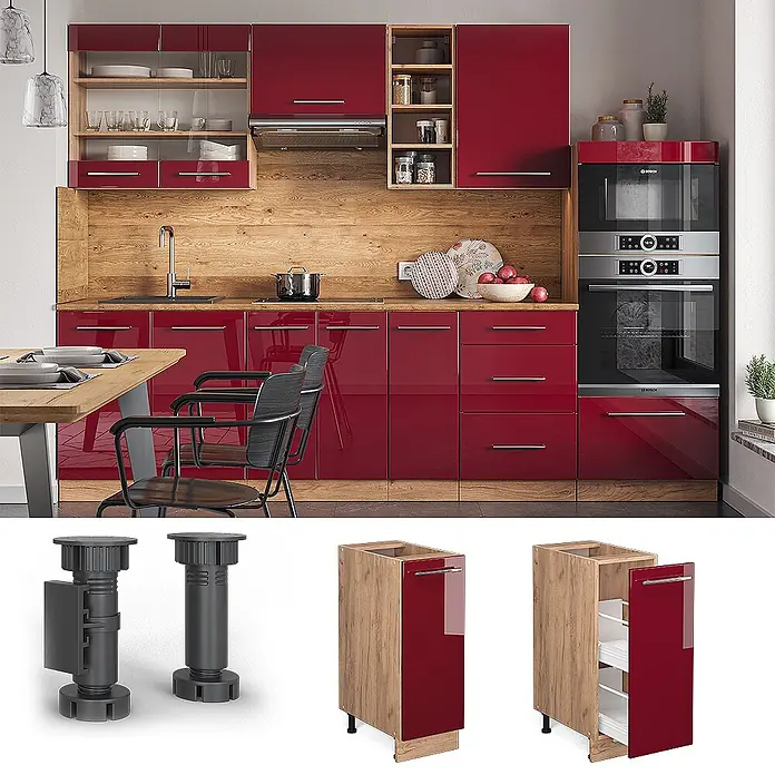 Vicco Schrankküche Fame-Line Bordeaux Hochglanz ohne Arbeitsplatte - Bordeaux Hochglanz, Apothekerunterschrank 30 cm - Moderne Küche mit hochglänzenden roten Schränken, Holzrückwand und integrierten Geräten.