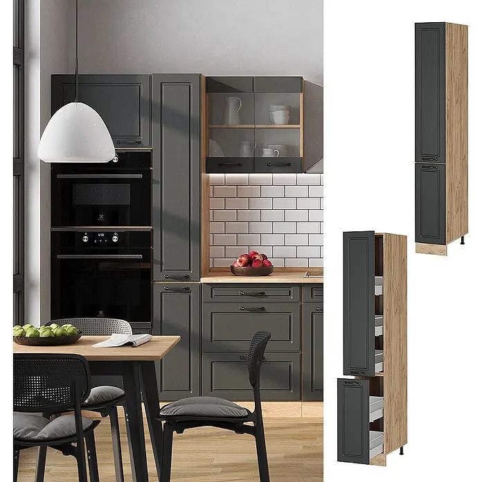 Vicco Schrankküche R-Line Anthrazit Landhaus - Breite: 30 cm, Anthrazit Landhaus, Apothekerhochschrank 30 cm - Hoher Küchenschrank mit anthrazitfarbenen Rahmenfronten und heller Eichenoptik, teils mit Auszügen zur Lebensmittelaufbewahrung.