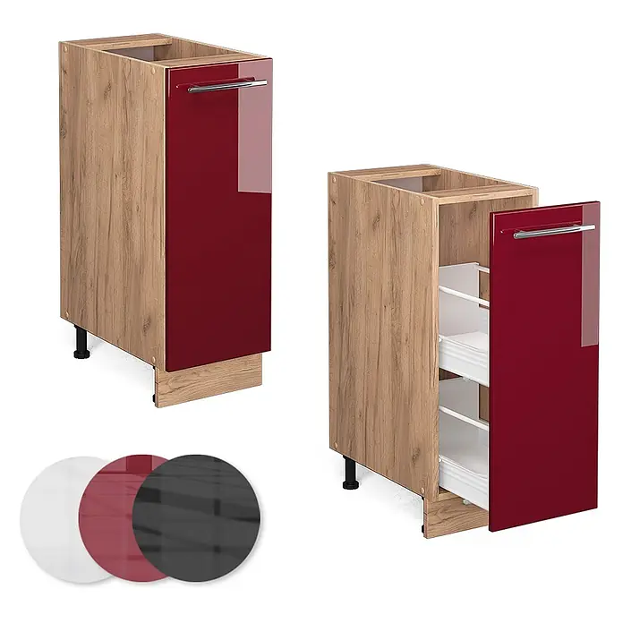 Vicco Schrankküche Fame-Line Bordeaux Hochglanz ohne Arbeitsplatte - Bordeaux Hochglanz, Apothekerunterschrank 30 cm - Unterschrank aus Holz mit hochglänzender roter Ausziehtür, zeigt interne Regale. Erhältlich in Weiß, Rot, Schwarz.