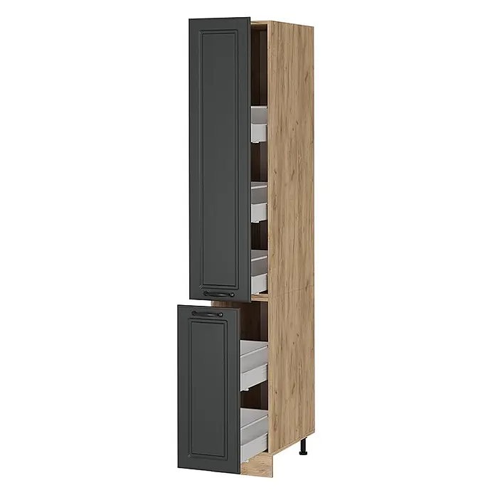 Vicco Schrankküche R-Line Anthrazit Landhaus - Breite: 30 cm, Anthrazit Landhaus, Apothekerhochschrank 30 cm - Hoher Vorratsschrank mit Holzoptik-Korpus und dunkelgrauen Rahmentüren, die leicht geöffnet ausziehbare Schubladen zeigen.