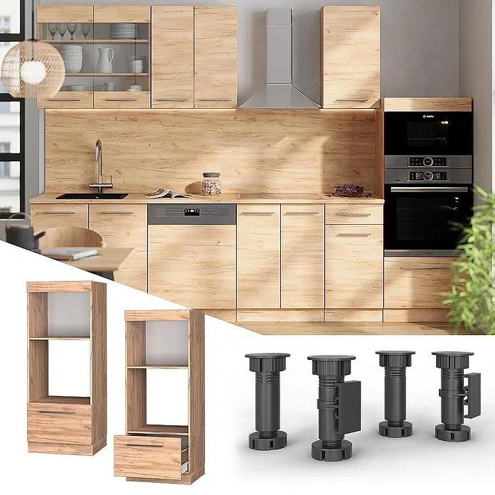 Vicco Schrankküche Fame-Line Goldkraft Eiche - Goldkraft Eiche, Mikrowellenumbauschrank 60 cm (offen) - Helle Holzküche mit Einbaugeräten und Hochschrank. Verstellbare Möbelfüße sind ebenfalls abgebildet.