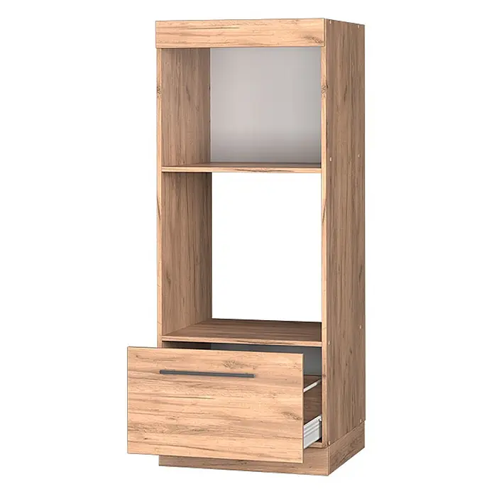 Vicco Schrankküche Fame-Line Goldkraft Eiche - Goldkraft Eiche, Mikrowellenumbauschrank 60 cm (offen) - Hoher Schrank in heller Holzoptik mit zwei offenen Fächern und einer leicht geöffneten Schublade. Großes Mittelfach, ideal für Backofen oder Mikrowelle.