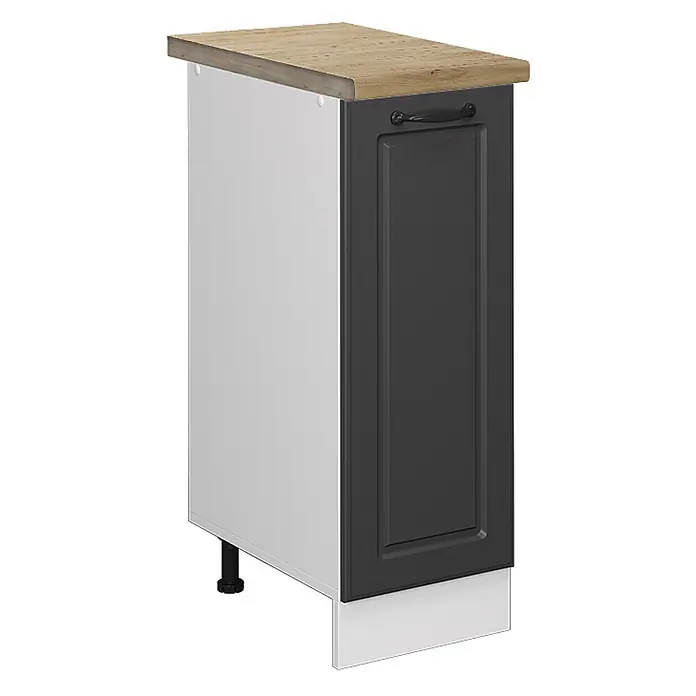 Vicco Schrankküche R-Line Anthrazit Landhaus, AP Eiche - Anthrazit Landhaus, Apothekerunterschrank 30 cm, AP Eiche - Küchenunterschrank: Arbeitsplatte Holzoptik, weiße Seitenwand, dunkelgraue Tür mit Griff, weiße Sockelleiste.