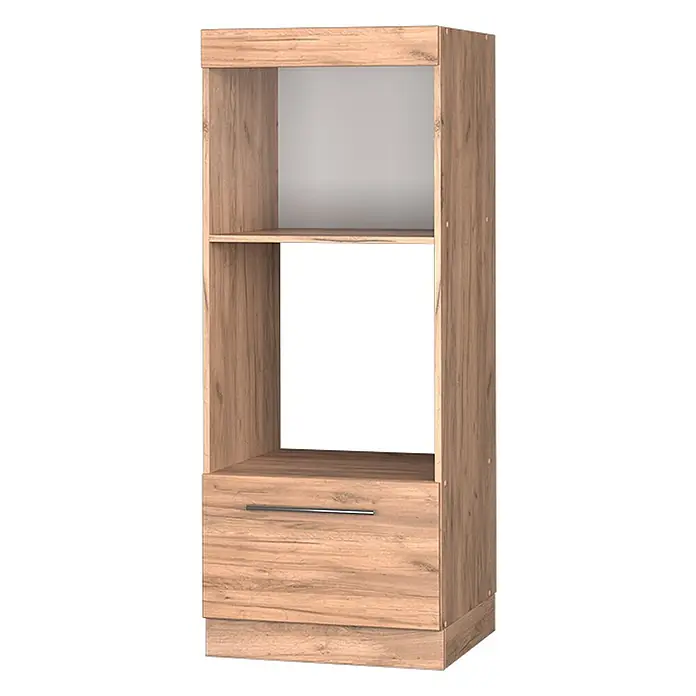 Vicco Schrankküche Fame-Line Goldkraft Eiche - Goldkraft Eiche, Mikrowellenumbauschrank 60 cm (offen) - Hoher Schrank aus hellem Holz mit zwei offenen Fächern und einer unteren Schublade mit silbernem Griff.
