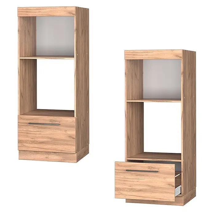 Vicco Schrankküche Fame-Line Goldkraft Eiche - Goldkraft Eiche, Mikrowellenumbauschrank 60 cm (offen) - Zwei helle Holzschränke mit offenen Regalen und einer Schublade, einer davon leicht geöffnet.