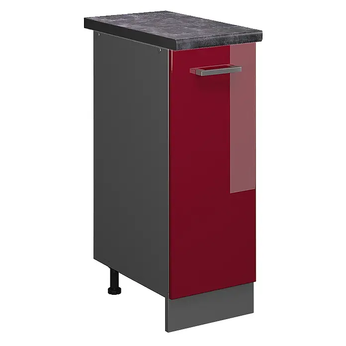 Vicco Schrankküche R-Line Rot Hochglanz, AP Anthrazit - Rot Hochglanz, Apothekerunterschrank 30 cm, AP Anthrazit - Schmaler Küchenunterschrank mit dunkelgrauer Arbeitsplatte, grauer Seitenwand und glänzender roter Front mit silbernem Griff.