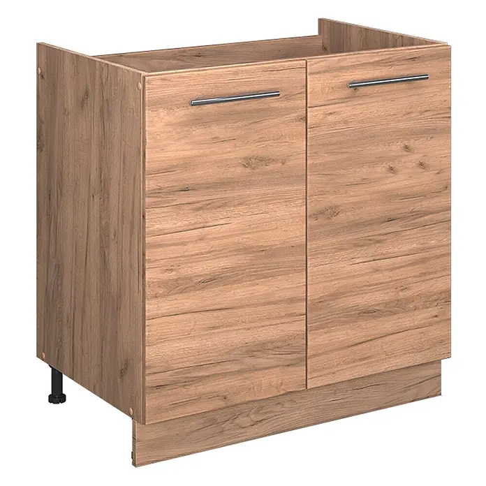 Vicco Schrankküche Fame-Line Goldkraft Eiche ohne Arbeitsplatte - Goldkraft Eiche, Spülenunterschrank 80 cm - Hellbrauner Unterschrank in Holzoptik mit zwei Türen, silbernen Griffen und Sockel.