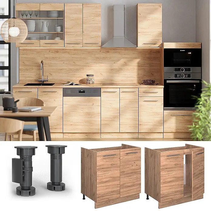 Vicco Schrankküche Fame-Line Goldkraft Eiche ohne Arbeitsplatte - Goldkraft Eiche, Spülenunterschrank 80 cm - Komplettküche mit hellen Holzdekor-Schränken, schwarzer Arbeitsplatte und Einbaugeräten. Inklusive verstellbarer Möbelfüße und Unterschränke.
