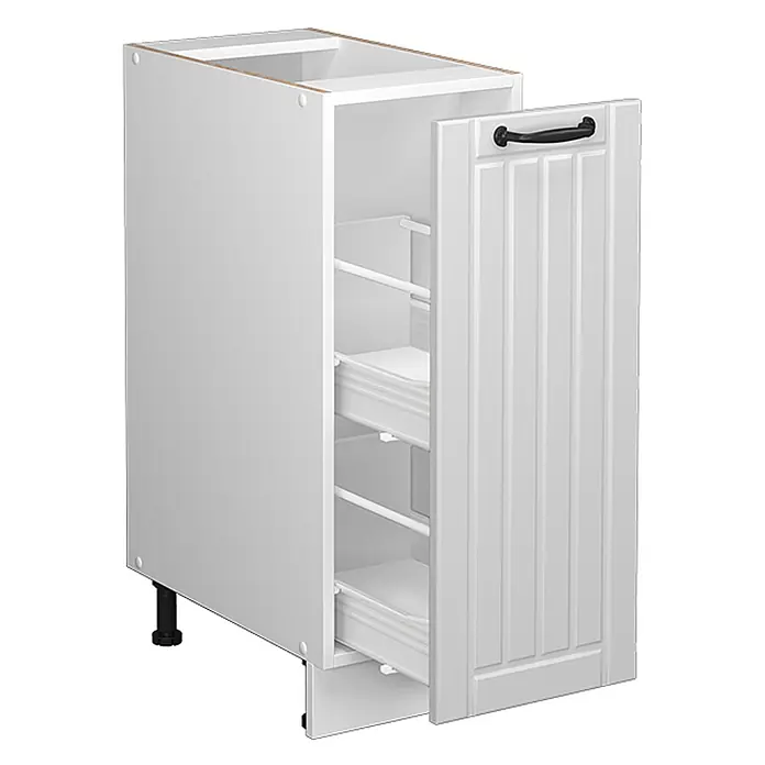 Vicco Schrankküche Fame-Line Weiß Landhaus, AP Anthrazit - Weiß Landhaus, Apothekerunterschrank 30 cm, AP Anthrazit - Weißer Küchenunterschrank mit Paneeltür, schwarzem Griff, Innenauszügen und verstellbaren Füßen.