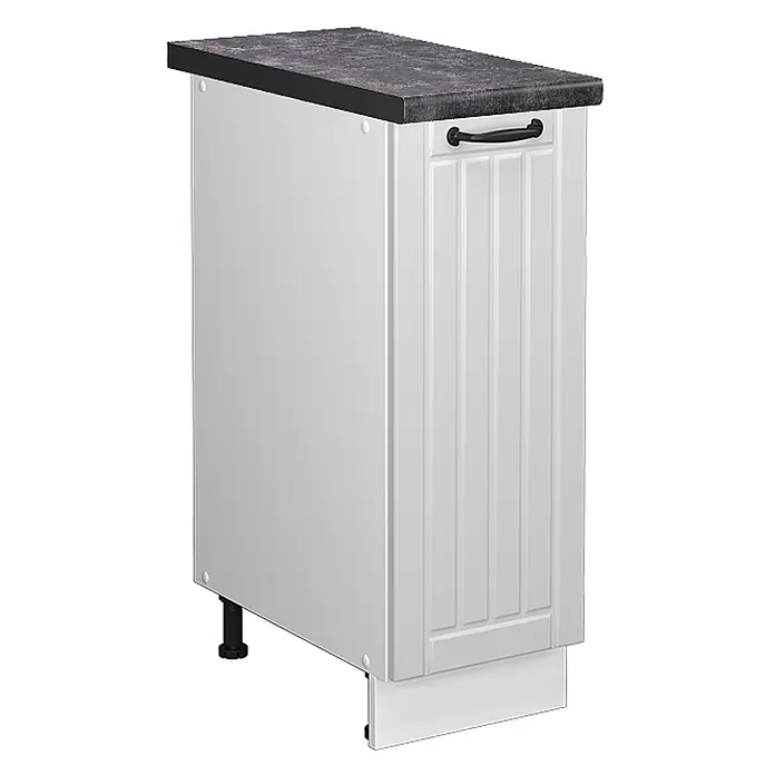 Vicco Schrankküche Fame-Line Weiß Landhaus, AP Anthrazit - Weiß Landhaus, Apothekerunterschrank 30 cm, AP Anthrazit - Weißer Unterschrank mit dunkler, melierter Arbeitsplatte, geriffelter Tür und schwarzem Griff.