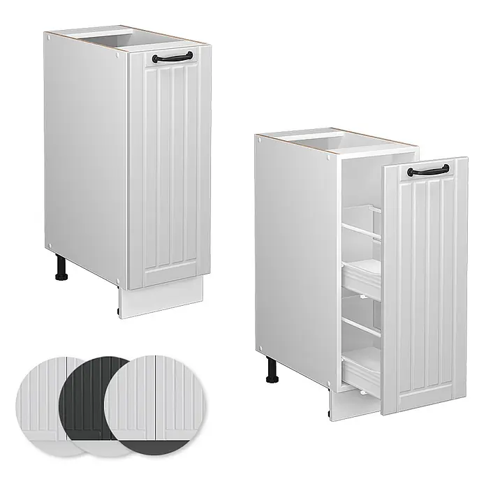 Vicco Schrankküche Fame-Line Weiß Landhaus, AP Anthrazit - Weiß Landhaus, Apothekerunterschrank 30 cm, AP Anthrazit - Weißer Küchen-Auszugsunterschrank mit gerillter Tür und schwarzem Griff, geschlossen und offen mit internen Regalen gezeigt.