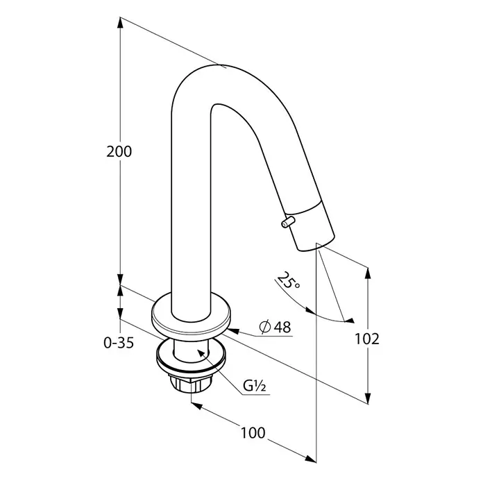 Kludi Bozz Kaltwasser-Standventil - Chrom, Glänzend - Abbildung eines Wasserhahns mit Maßen, der technische Details wie Höhe, Ausladung und Winkel für Installationszwecke zeigt.