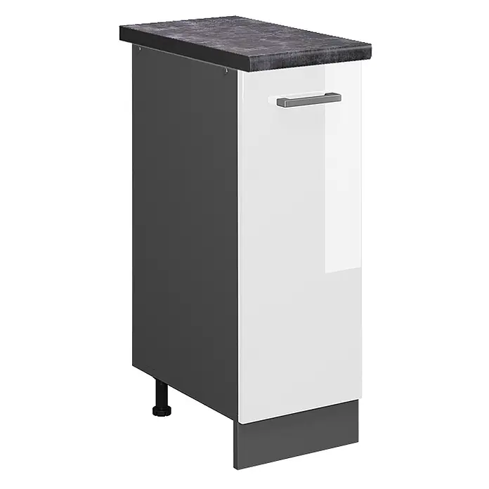 Vicco Schrankküche R-Line Weiß Hochglanz, AP Anthrazit - Weiß Hochglanz, Apothekerunterschrank 30 cm, AP Anthrazit - Küchenunterschrank: dunkelgrauer Korpus, weiße Hochglanztür, dunkle Steinoptik-Arbeitsplatte, grauer Griff.