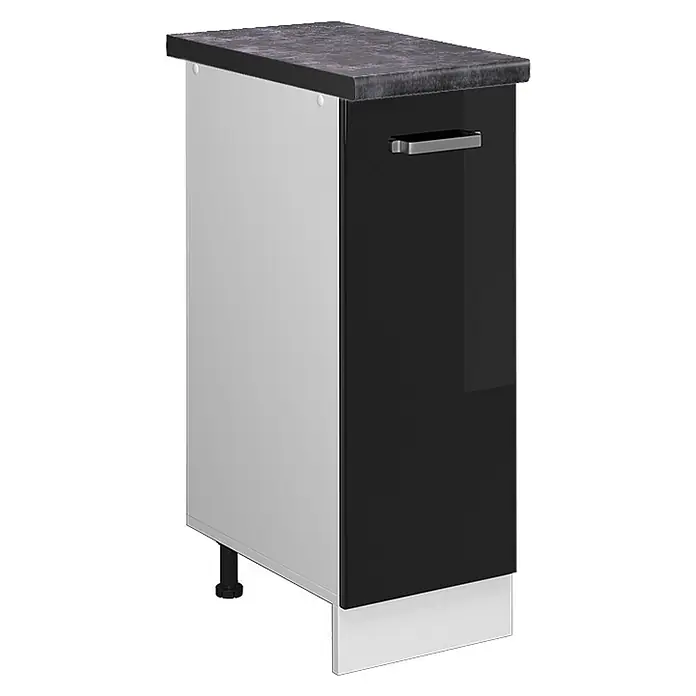 Vicco Schrankküche R-Line Schwarz Hochglanz, AP Anthrazit - Schwarz Hochglanz, Apothekerunterschrank 30 cm, AP Anthrazit - Schmaler Küchenunterschrank mit dunkler Arbeitsplatte, schwarzer Hochglanztür, silbernem Griff, heller Seitenwand und weißer Sockelleiste.