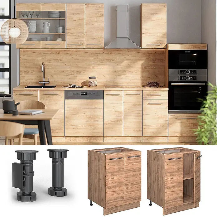 Vicco Schrankküche Fame-Line Goldkraft Eiche ohne Arbeitsplatte - Goldkraft Eiche, Unterschrank 60 cm - Modulare Küche in heller Holzoptik mit integrierten Geräten, Unterschränke und verstellbare Füße.