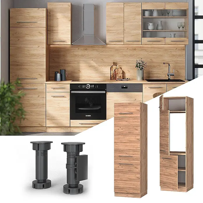 Vicco Schrankküche Fame-Line Goldkraft Eiche - Goldkraft Eiche, Kühlumbauschrank 60 cm - Moderne Küche mit hellen Holzoptikschränken, Einbaugeräten, hohem Vorratsschrank und verstellbaren Möbelfüßen. Bietet funktionalen Stauraum.