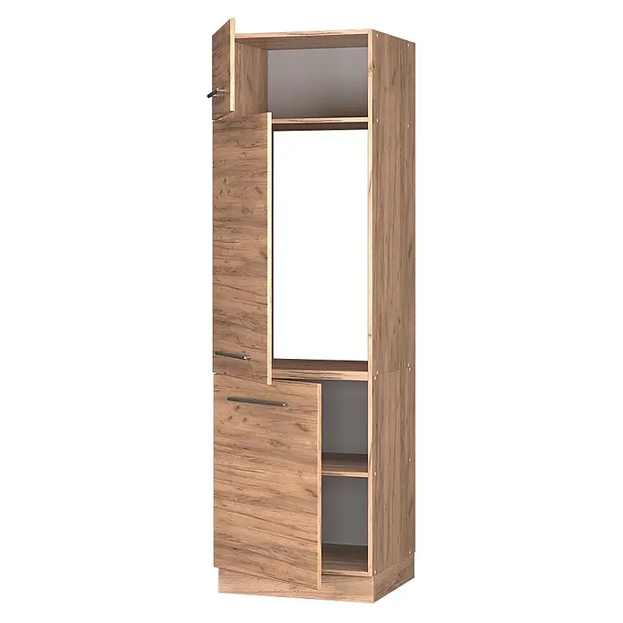 Vicco Schrankküche Fame-Line Goldkraft Eiche - Goldkraft Eiche, Kühlumbauschrank 60 cm - Helles Holzdekor-Flurmöbel mit offenen Fächern, geschlossenen Abteilen mit Metallgriffen und zentralem Spiegelbereich, Türen offen.