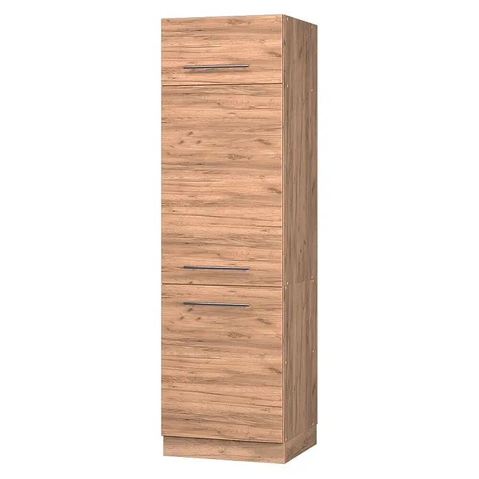 Vicco Schrankküche Fame-Line Goldkraft Eiche - Goldkraft Eiche, Kühlumbauschrank 60 cm - Heller Hochschrank in Holzoptik mit mehreren Türen und silbernen Griffen.