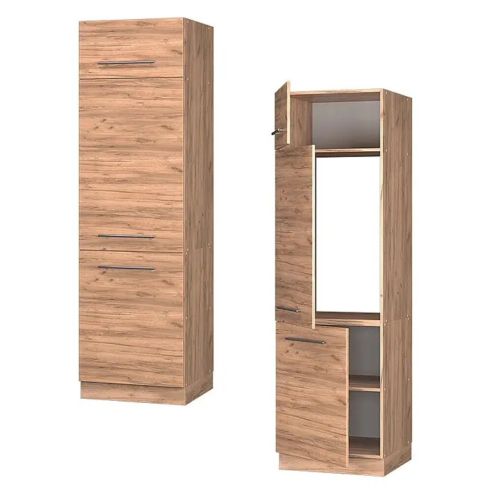 Vicco Schrankküche Fame-Line Goldkraft Eiche - Goldkraft Eiche, Kühlumbauschrank 60 cm - Hoher Schrank in heller Holzoptik, links geschlossen, rechts teilweise offen mit Fächern und Regalen.
