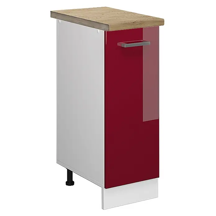Vicco Schrankküche R-Line Rot Hochglanz, AP Eiche - Rot Hochglanz, Apothekerunterschrank 30 cm, AP Eiche - Glänzender roter Küchenunterschrank mit heller Holzplatte, silbernem Griff, weißer Seitenwand und Sockelblende.
