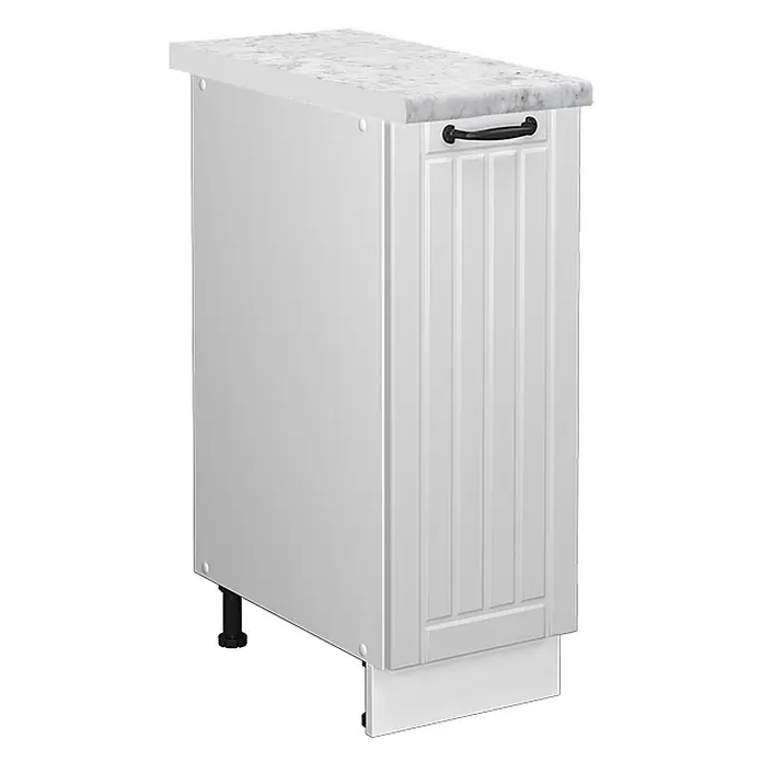 Vicco Schrankküche Fame-Line Weiß Landhaus, AP Marmor - Weiß Landhaus, Apothekerunterschrank 30 cm, AP Marmor - Weißer Küchenunterschrank mit weißer Marmorplatte, Kassettenfront, schwarzem Griff und verstellbaren Füßen.