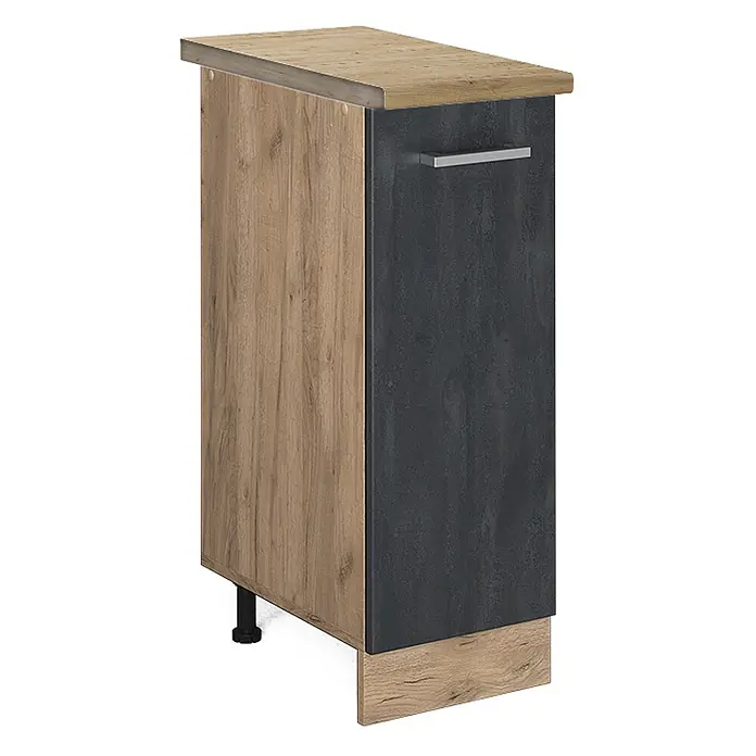 Vicco Schrankküche R-Line Schwarz Beton AP Eiche - Schwarz Beton, Apothekerunterschrank 30 cm - Schmaler Unterschrank mit heller Holzoptik-Platte/Seite, dunkelgrauer Tür mit silbernem Griff und Holzoptik-Sockel.