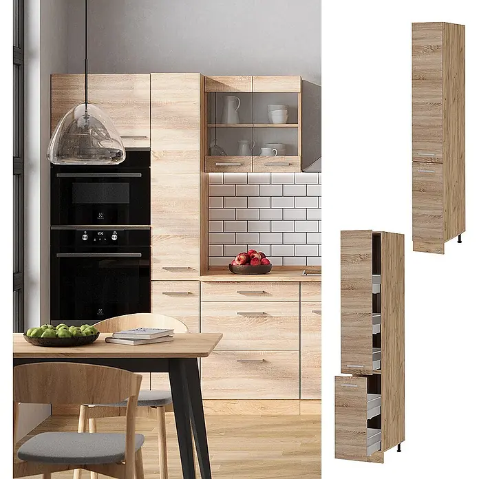 Vicco Schrankküche R-Line Sonoma - Sonoma, Apothekerhochschrank 30 cm - Helle Eiche-Effekt Küchenschränke mit integrierten Geräten und passendem Hochschrank mit Auszugregalen.