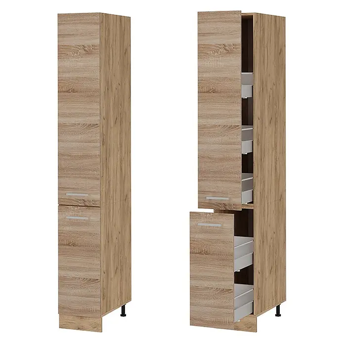 Vicco Schrankküche R-Line Sonoma - Sonoma, Apothekerhochschrank 30 cm - Hoher Vorratsschrank in heller Holzoptik mit Auszugskörben, geschlossen und offen dargestellt.