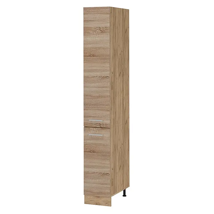 Vicco Schrankküche R-Line Sonoma - Sonoma, Apothekerhochschrank 30 cm - Hoher, schmaler Schrank in heller Holzoptik mit zwei horizontalen silbernen Griffen und schwarzen Füßen.