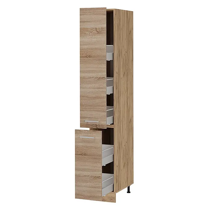 Vicco Schrankküche R-Line Sonoma - Sonoma, Apothekerhochschrank 30 cm - Hoher, heller Eichenschrank mit geöffneten Türen und ausziehbaren grauen Schubladen.