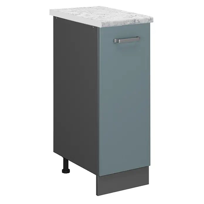 Vicco Schrankküche R-Line Blau-Grau AP Marmor - Blau-Grau, Apothekerunterschrank 30 cm, AP Marmor - Küchenunterschrank mit hellgrauer Arbeitsplatte in Marmoroptik, dunkelgrauer Seitenwand und blaugrauer Tür mit silbernem Griff.