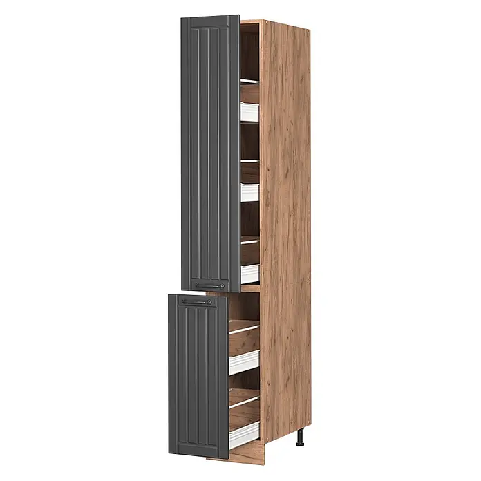 Vicco Schrankküche Fame-Line Dunkelgrau - Dunkelgrau, Apothekerhochschrank 30 cm - Hoher Küchenschrank mit dunkelgrauen, teilweise geöffneten Türen, der Holzmaserung-Regale und weiße Auszugskörbe zeigt. Steht auf schwarzen Füßen.